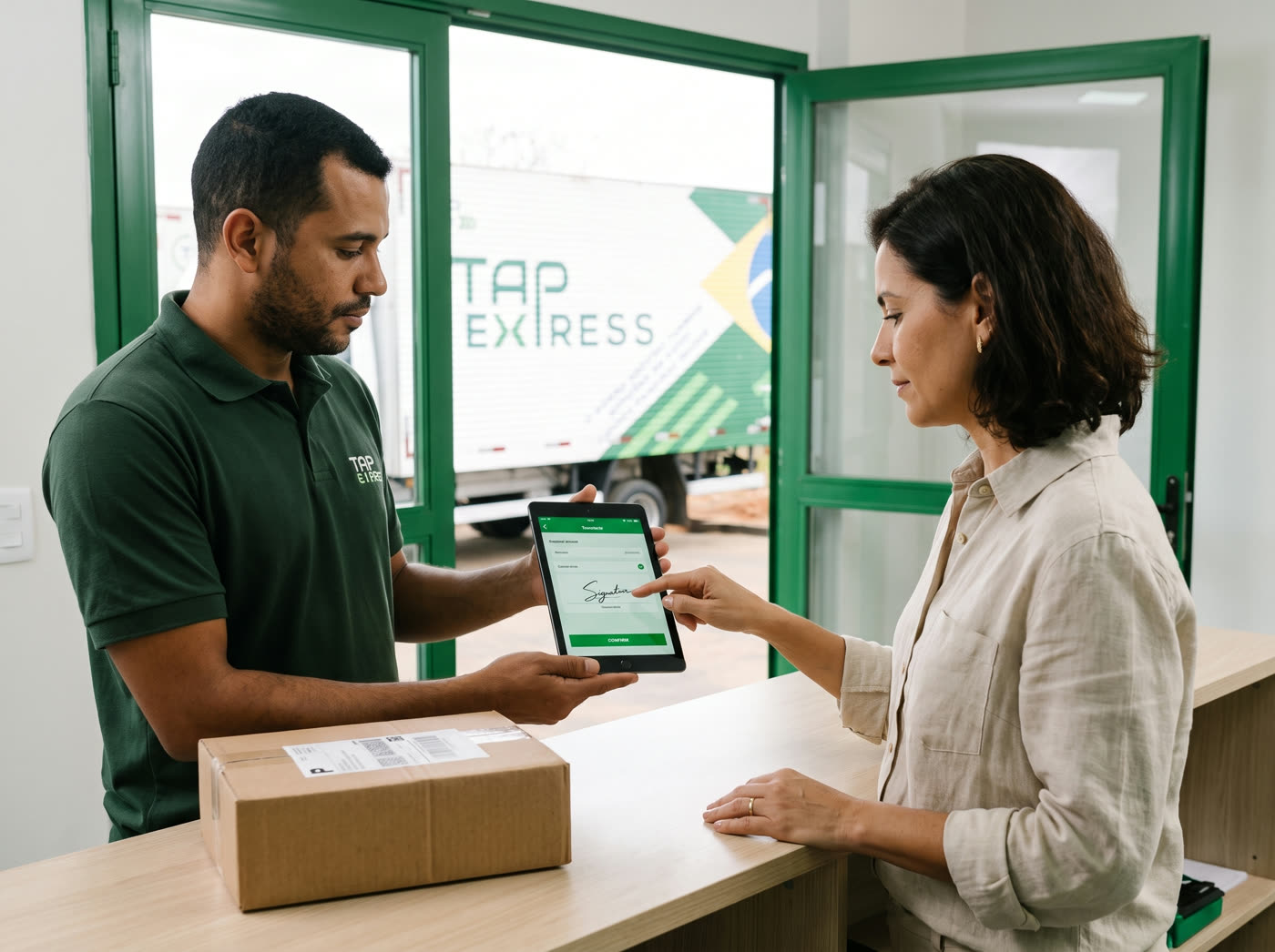 Cliente assinando o recebimento no tablet do motorista da TAP Express